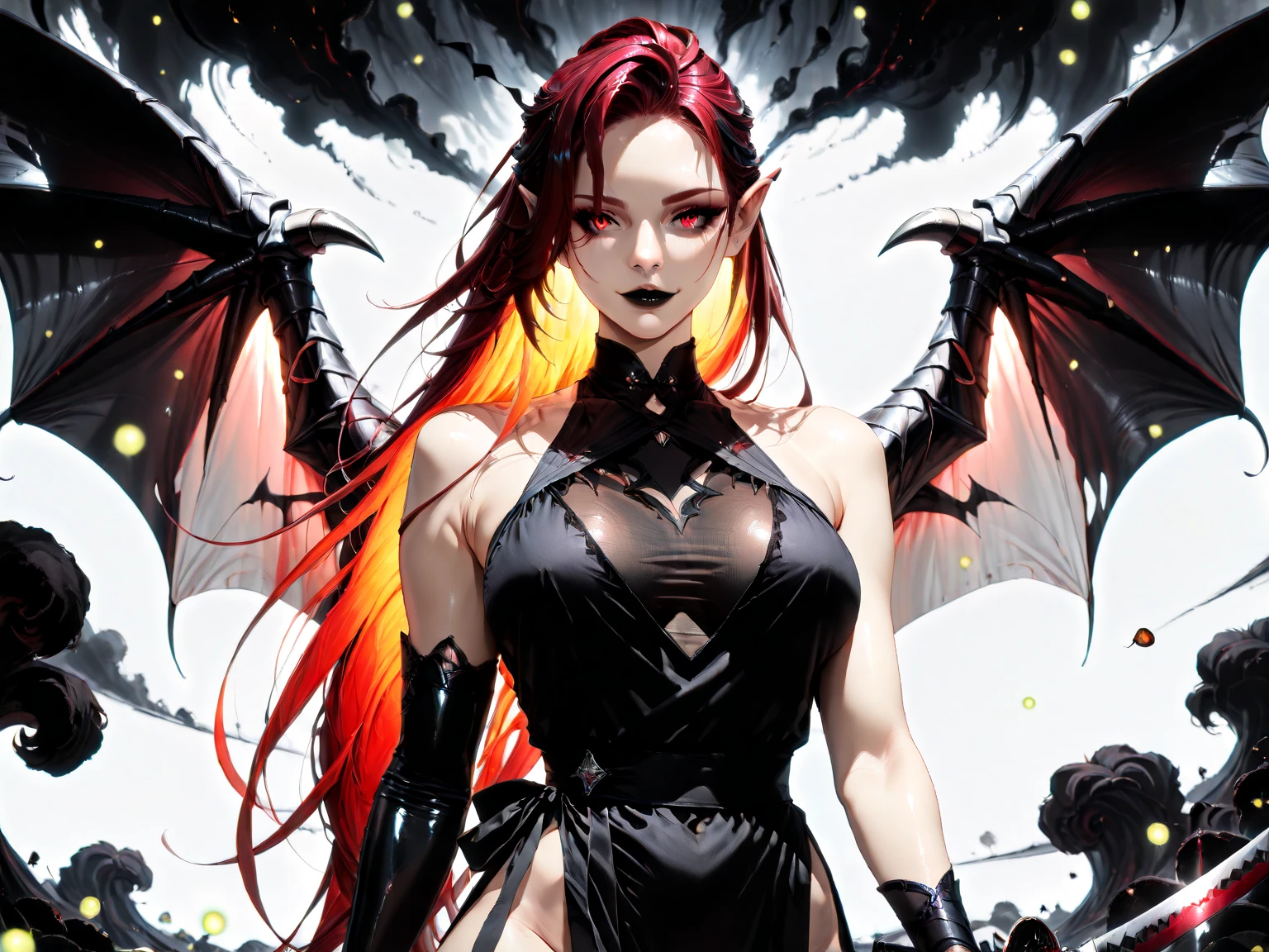 a comic fantasy art of a female devil wearing black leather jacket that has "Devil's Angel" written on it ((full body: 1.5)), exotic beautiful female devil((anatomically correct: 1.5), (ultra detailed face: 1.2), best detailed face, busty, black bat wings, ((red skin: 1.5)),  ((black leather jacket: 1.5)), intricate leather jacket, loose leather jacket, glam leather jacket,  has (("Devil's Angel" written on it: 1.5), wearing silk dress, (dynamic color dress)), wearing high heeled boots, catholic church background, vibrant, Hyperrealism style, vibrant, Ultra-high resolution, High Contrast, (masterpiece:1.5), highest quality, Best aesthetics), best details, best quality, highres, ultra wide angle, 16k, [ultra detailed], masterpiece, best quality, (extremely detailed) RAW, NRART