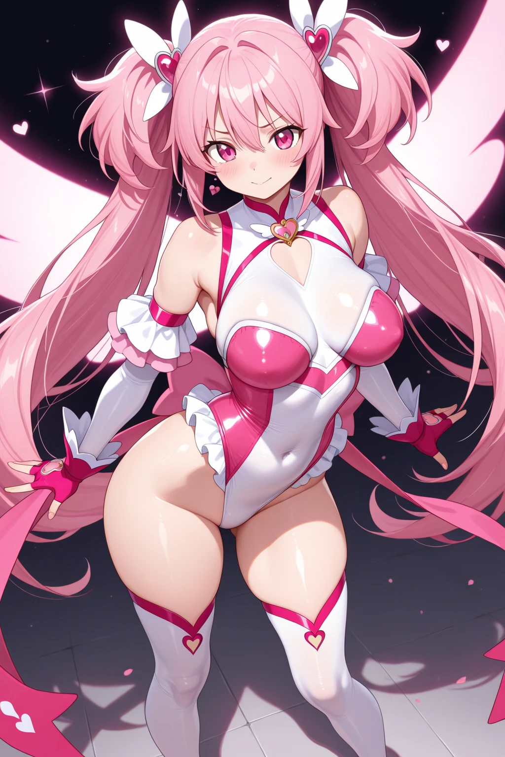 1 girl, alone, hahari hanazono, long hair, bangs, (green eyes: 1.2), pink hair, flower, hair flower, green eyes, smile, indoors, casino, (pink Playboy bunny outfit: 1.5), pink headband ,little Playboy bunny ears, from behind,looking at viewer,pov:(from below) (masterpiece: 1.2), best quality, high resolution, Unity 8k wallpaper, (artwork: 0.8), green eyes (beautiful eyes detailed: 1.6), extremely detailed face, perfect lighting, extremely detailed CG (perfect hands, perfect ???????), large breasts, medium waist. , wide hips, medium thighs, round butt