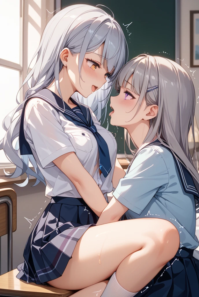 (Best quality, 8k, 32k, Masterpiece, UHD,:1.2),RAW, ((2girls)),ultra cute , natural lighting,transparent shining eyes, 20yo,medium breast ,fair complexion ,flushed face, dynamic angle,, (ecstasy:1.1) ,(slut:0.8), (vulgarity:0.8), (fucked silly:1),(steam:0.8),,(trembling:1.3)),(tears:0.7) ,sweat, Happily, blush, at classroom, skirt,  (eye contact:1.3), nsfw, unbuttoned, bra,show off panties, From Behind and Below, Touching each other, topless, ((lace bra)), nsfw,