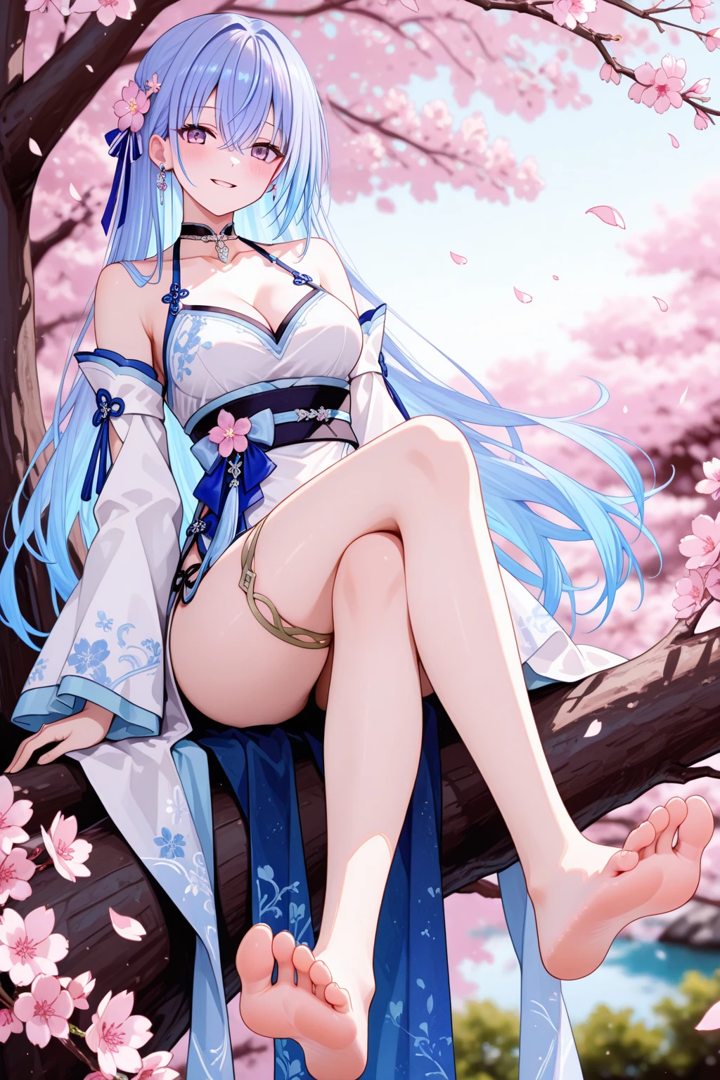 one girl,kawaii、Beautiful eyes、kimono、Transverse breasts、Open legs、blue hairs、Twin-tailed