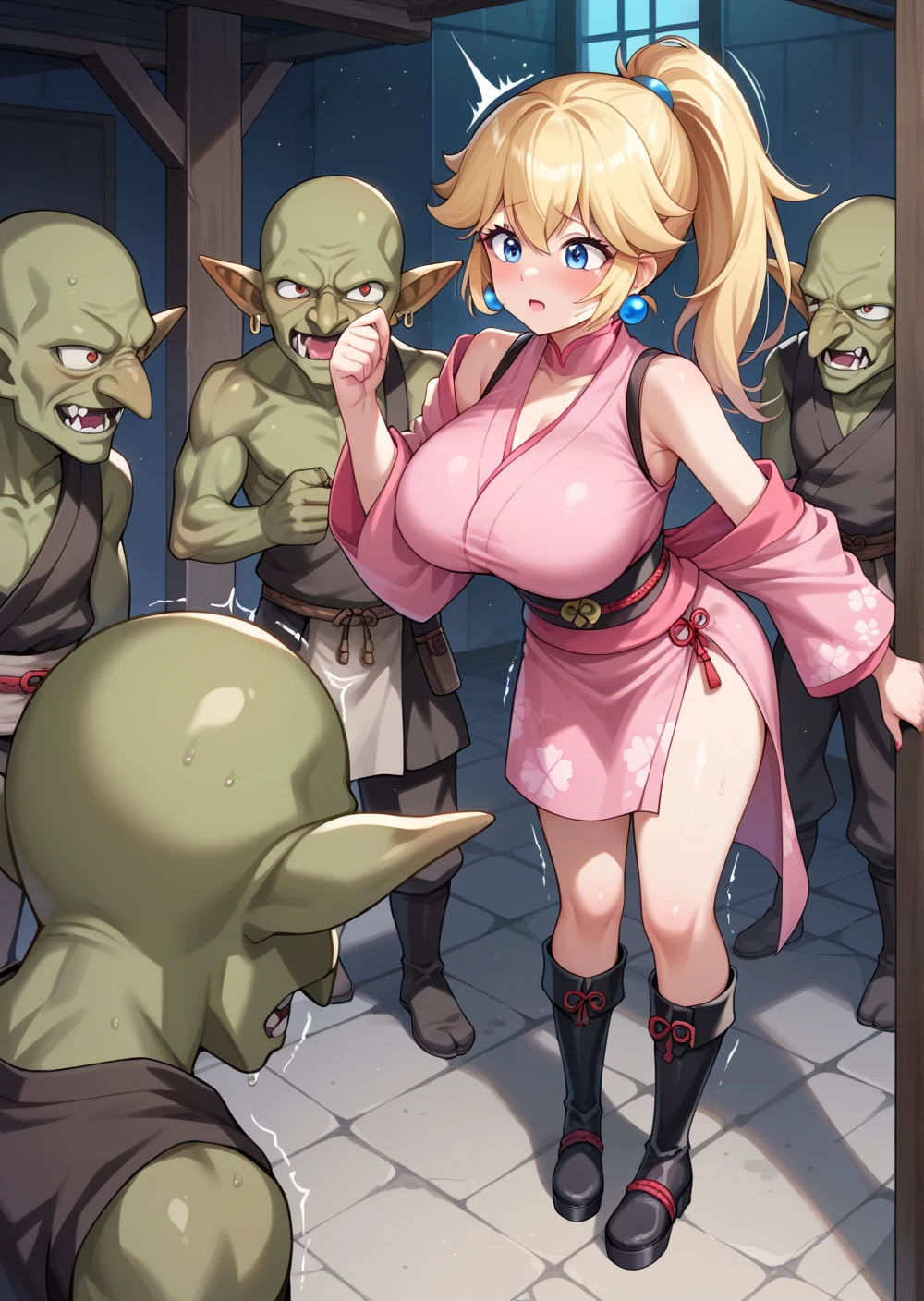 nsfw:1.5,1 mature female,Age 25,(A female fighter is surrounded and attacked by multiple goblins during a battle.),Goblin in heat,monster,(blush,Are crying:1.5、tears),((Torn china clothes:1.5)),(Torn clothes:1.5)、Dynamic pose,Dynamic Angle,Micro Panties、Huge Breasts:1.5、((Overflowing Sex Fluids:1.2))、vagina、SEX、boss goblin、gang rape、(Moss green penis)、A male goblin in heat and erection、Goblin pulling clothes、Wide-open legs、Fuck from behind、Side Ponytail