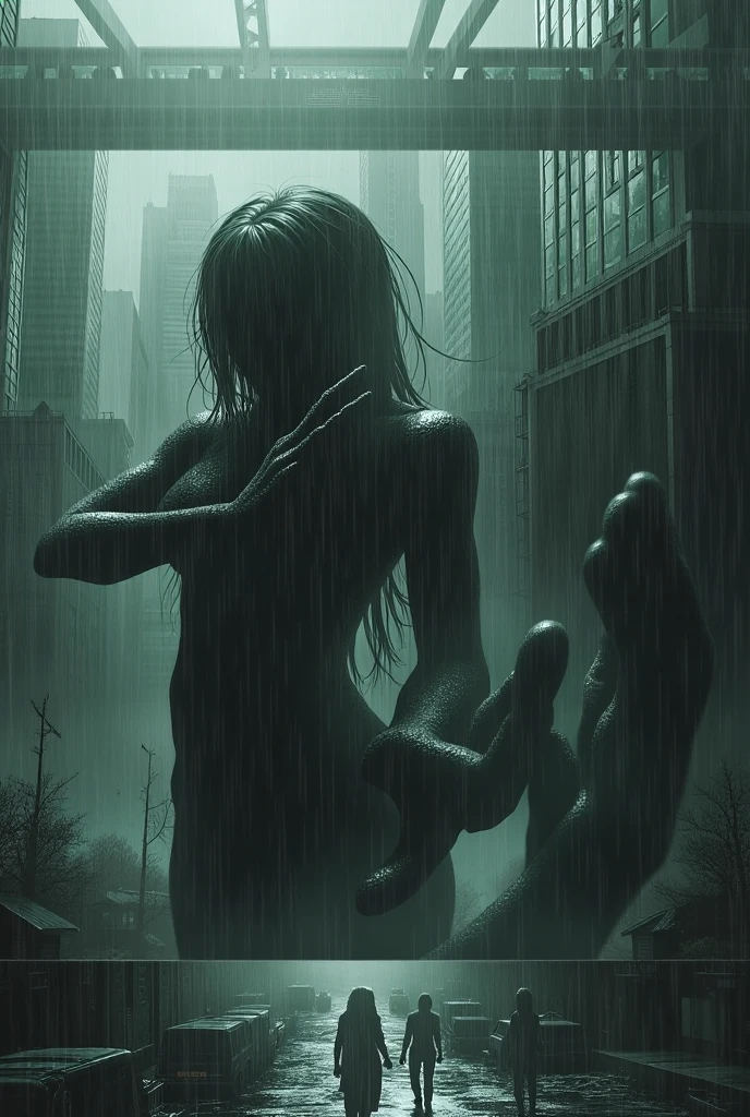 create an image of a trans anime woman sitting with legs crossed on top of a building under. She don't have clothes or outfit but your body is big, transparent and has short hair covering her. It is raining and around her three ghostly hands touch her ass. she has a sadic expression on her face