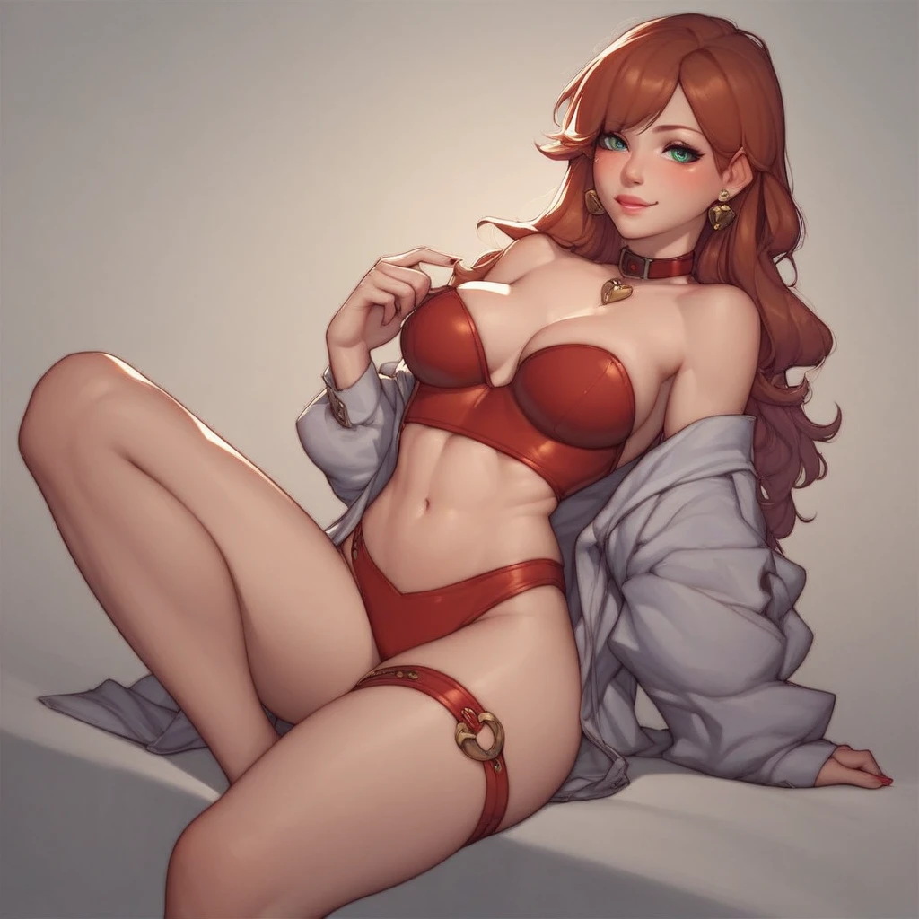 1 girl, wearing red bikini, standing sexily, looking at viewer, lower angle, short hair, red hair