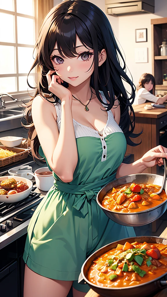 (small breasts:1.2), (perky chest:1.1), (pointed chest:1.0), (cooking magazine cover:1.3),(from above:1.2),(from side:0.9),masterpiece, 1girl, Amazing Cleavage:1.1, thin waist, big ass, Raised sexy, small breast: 1.2, posed cleavage:1.2、solo, open mouth, have a cute grass of cute beergrass,black hair, dark green eyes, dress, bare shoulders, jewelry, collarbone, sidelocks, hairband, earrings, indoors, off shoulder, sweater, arms behind back, plant, short hair with long locks, gild hairband, sweater dress:1.2, off-shoulder sweater, red sweater, dark gord hair, big side hair, very long side hair,is rendered in (masterpiece: 1.2, best quality), with (ultra high resolution) and an exquisite (depth of field). This masterpiece is not only visually stunning but also tells,A scene of cooking in the kitchen by classroom ,looking at viewer,