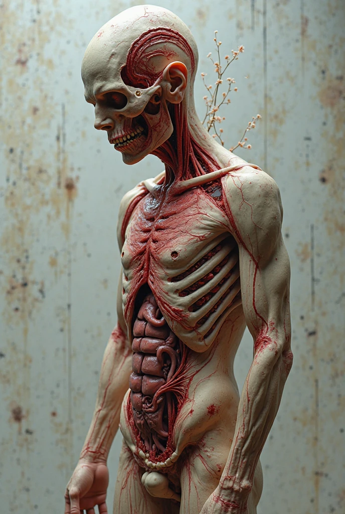 "A human ribcage with the northwest side and center cut open, resembling an window being opened. The ribs are hinged at the bottom, swinging outward from the northwest side and center, revealing the internal organs inside. The ribcage opens like two window panes, creating a surreal and intense visual. The surrounding scene is set in a dimly lit medical room, with surgical tools and equipment scattered nearby, enhancing the tension. The bones, muscles, and organs are depicted with realistich textures, emphasizing the eerie yet captivating image of the ribcage opening like a window."