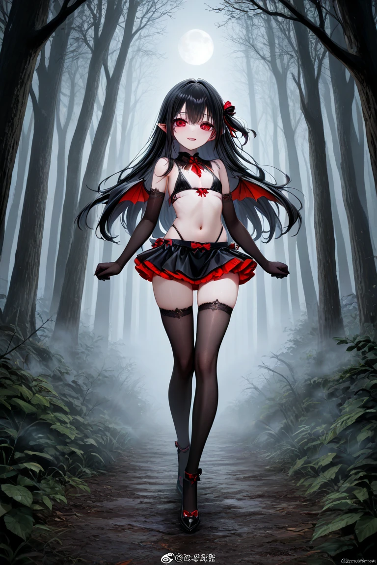 masterpiece, best quality, ultra-detailed, glistening shiny, glowing light, ray tracing, HDR, deph of field, (perfect face, detailed face), lucelia, very long hair, flat chest, black eyes, two side up, pointy ears, demon horns, demon wings , black dress, red skirt, layered dress, red thighhighs, necklace, armlets, wristbands, skirt lift, thong