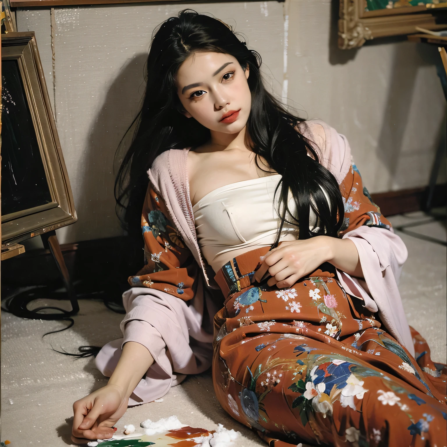 ((cheerful ((dark tanned ((Korean)) daoist priestess)) sitting in glass office while writing manuscript, (wearing butterfly detailed robes), (wearing antique lace necklace), (cannabis flower tattoos on arms and legs), legs spread apart, high quality photo, sitting quietly (with potted bonsai cannabis sativa plants surrounding room during foggy sunrise)