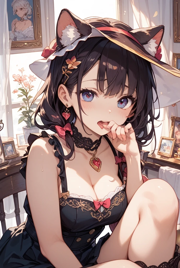 pen_sketch_style, 1girl, solo, ink, detailed face, puffy lips, gothic make up, beautiful woman, sketch, gigantic breasts, frilled dress, cleavage, seductive smile