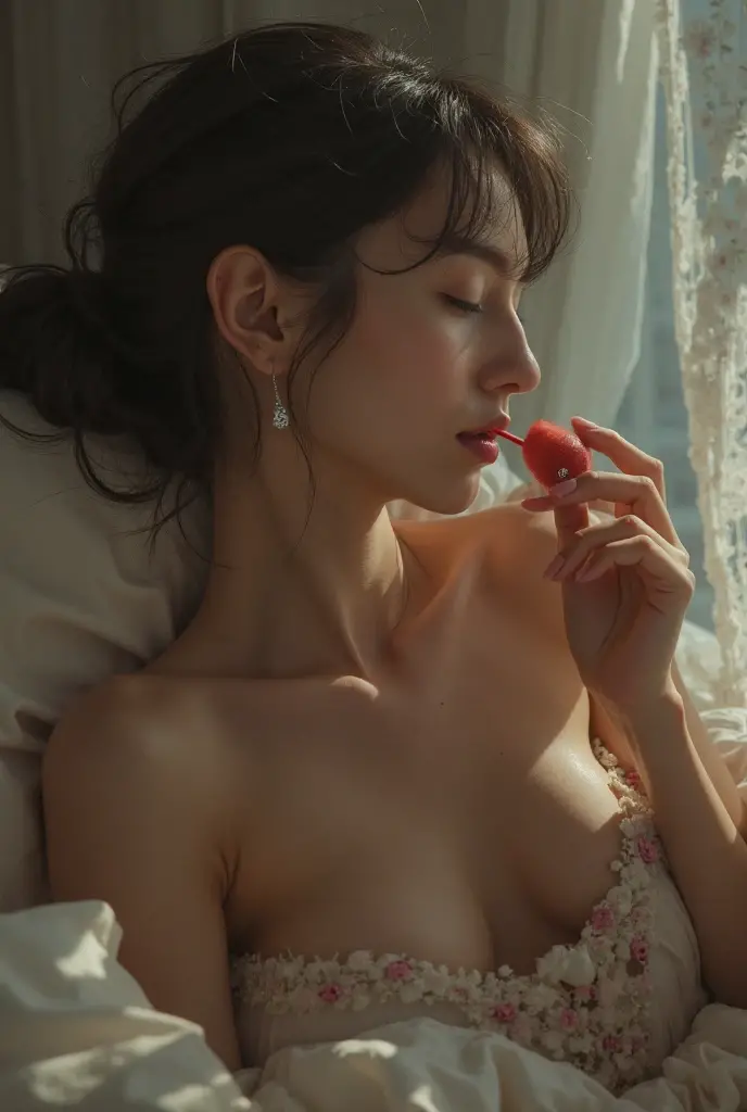 An girl naked with a vibrator on top of a bed