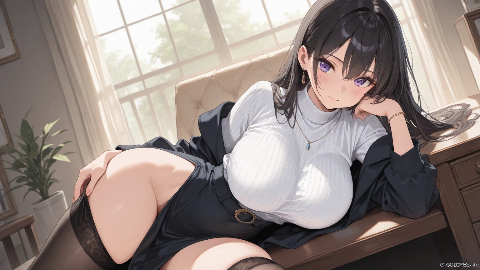 ((nsfw, masterpiece, best quality)), ((super high resolution)), (photo realistic), best shadow, (sharp sketch, illustration:1.2), high detail, very detailed, (nice hands, perfect hands), (POV, face focus:1.4), ((1girl and 1 boy)), beautiful girl, 18 years old, brown eyes, (black long hair:1.5), (normal breasts:1.1), glossy skin, ((view from front:1.5)), (very slender:1.3), (beautiful adolt face:1.3), famous idol, thin lips, detailed facial features, facial and skin texture, Crisp focus, perfect beautiful body and face, pink small nipple, beautiful face, perfectly in focus, long bangs, underhair, (in the bedroom:1.3), all body, (smile:1.4), (sweat:1.5), ((woman on top:1.5)), ((penis)),  ((vaginal)), ((sex:1.5)),  (cardigan and black skirt:1.5), (cum overflow:1.5), skirt lift, (loose socks), wrist scrunchie, (underboob:1.2), loafers, choker, buckle, saliva trail, open mouth