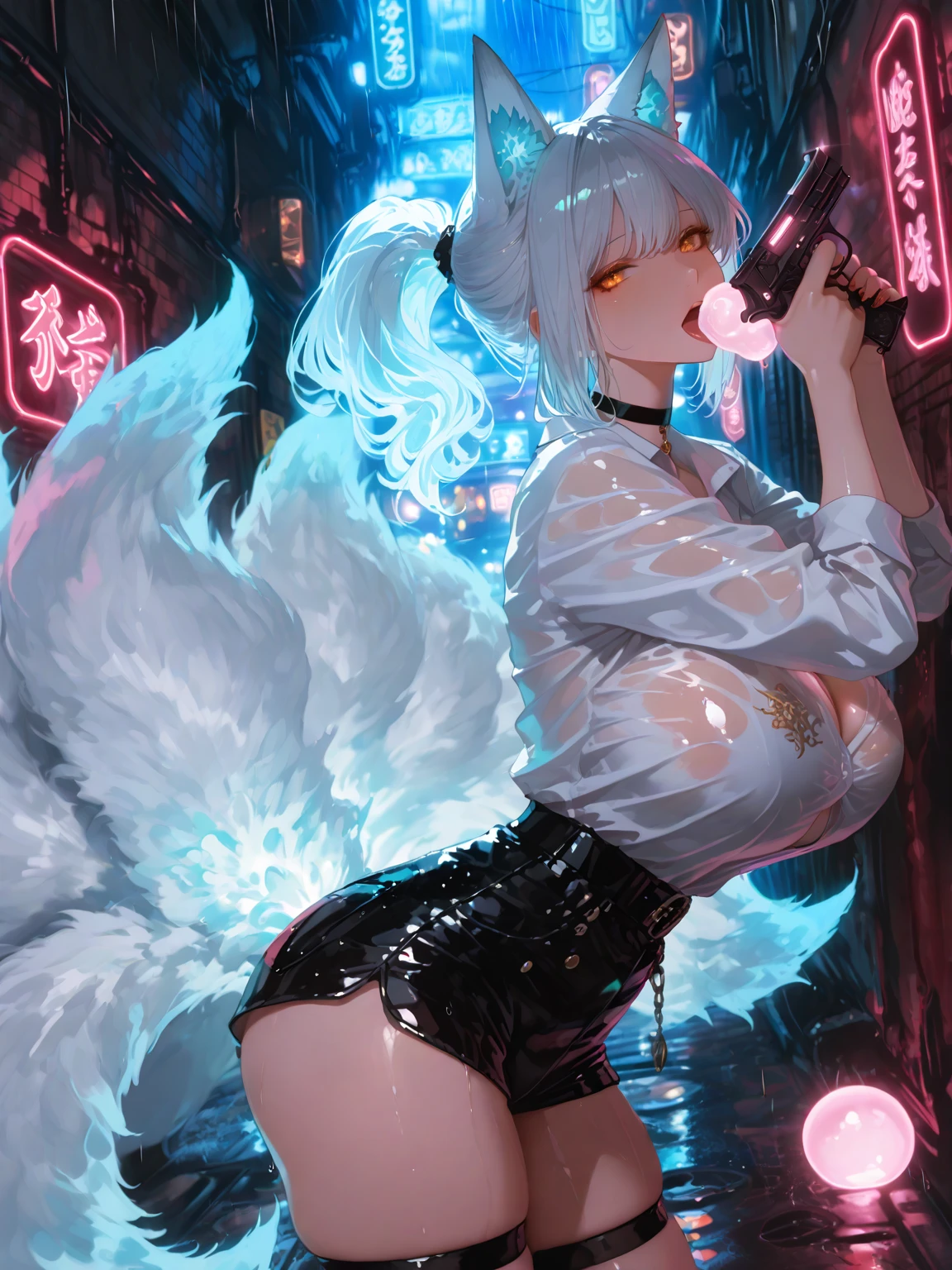 1girl, :d, animal ear headphones, animal ears, arms up, bangs, blush, bodysuit, breasts, bunny pose, clothes writing, covered navel, cowboy shot, cropped jacket, fake animal ears, gloves, grey background, hair intakes, headphones, impossible bodysuit, impossible clothes, jacket, large breasts, latex, latex bodysuit, long hair, long sleeves, looking at viewer, medium breasts, multicolored gloves, open mouth, pink bodysuit, pink eyes, red eyes, red jacket, shiny clothes, shrug \(clothing\), sidelocks, simple background, skin tight, smile, solo, thigh gap, thighs, twintails, very long hair, white gloves, white hair,alice \(nikke\),(masterpiece:1.4),(best quality:1.4),(shiny skin),realistic,very large breasts,nipples,spread legs,bare pussy,nsfw,oil,sweating,urining,bent