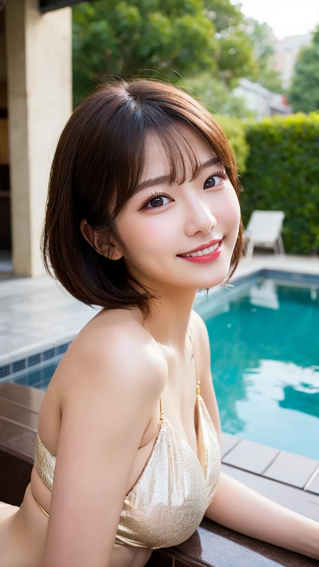 Beautiful Young Woman of the Year、 Korean women、Brown Hair、Necklace around the neck、Woman in swimsuit、、smile, Beautiful teeth alignment、Intricate details, Very detailed:1.2), 、 Looking into the camera,background is indoor pool、ear piercing
、ear piercing