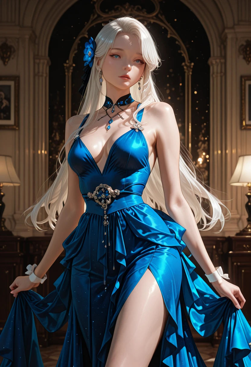 Create a woman with white hair and blue eyes and wearing a short turquoise blue ionic dress and holding a weeping blue flower and an ice foil at her side
