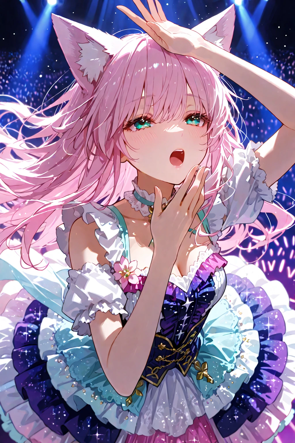 (Best Picture Quality, 4K, High Quality, Masterpiece:1.2), ((Masterpiece)), High Detail, High Quality, (HDR,16k, RAW Beautiful Girl Portrait, Best Picture Quality, Masterpiece::1. 2), (Ultra-Definition Illustration), nsfw, idolmaster, idol costume, teen, spotlight, extremely cute, colorful hair color, sleeveless, detached sleeves, colorful frilled dress, tiara, stage, showing armpits, cheerful, smiling, pantyhose,
