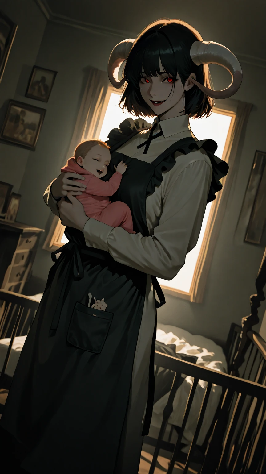 1 woman, long black hair, black eyes, dressed as a maid, carrying a baby with blue eyes and black hair, looking at the baby as a son, baby dress, humble baby clothes, anime style 