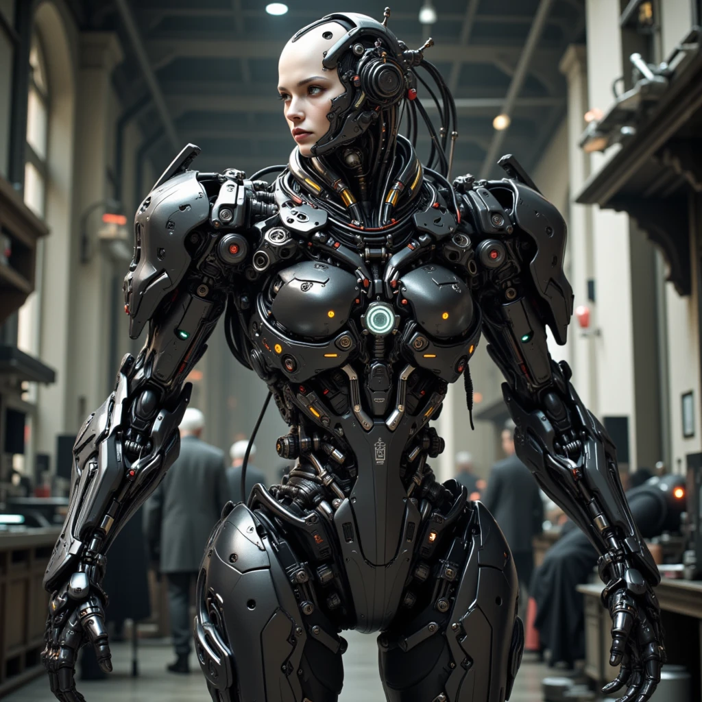 A full-length figure of a cool girl wearing a detailed mechanical armored suit. Exposed wiring, lots of cords and tubes connecting to the system.