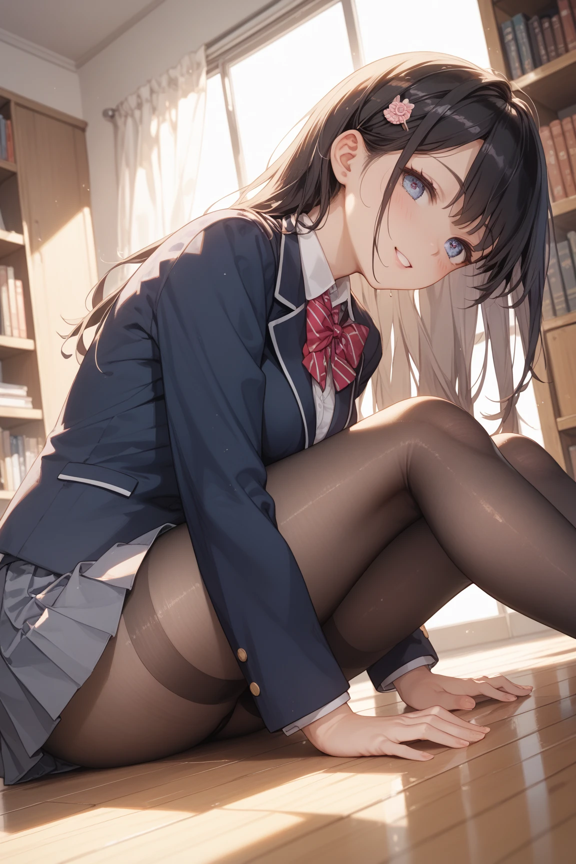 Inoue Takina、Japanese 16 year old girl with slim body、独奏、Full body portrait from head to toe、small tits、long light brown hair、blue eyess、Red face、Embarrassed look、Blazer High School Uniform、Black pantyhose、Black tights、black pantyhose、Black Knee High Socks、white panties、No shoes on、lying on the bed、Pose with hands hidden behind your back、Open legs、White panties are visible、hi-school girl、bedroom、inside in room、during daytime
