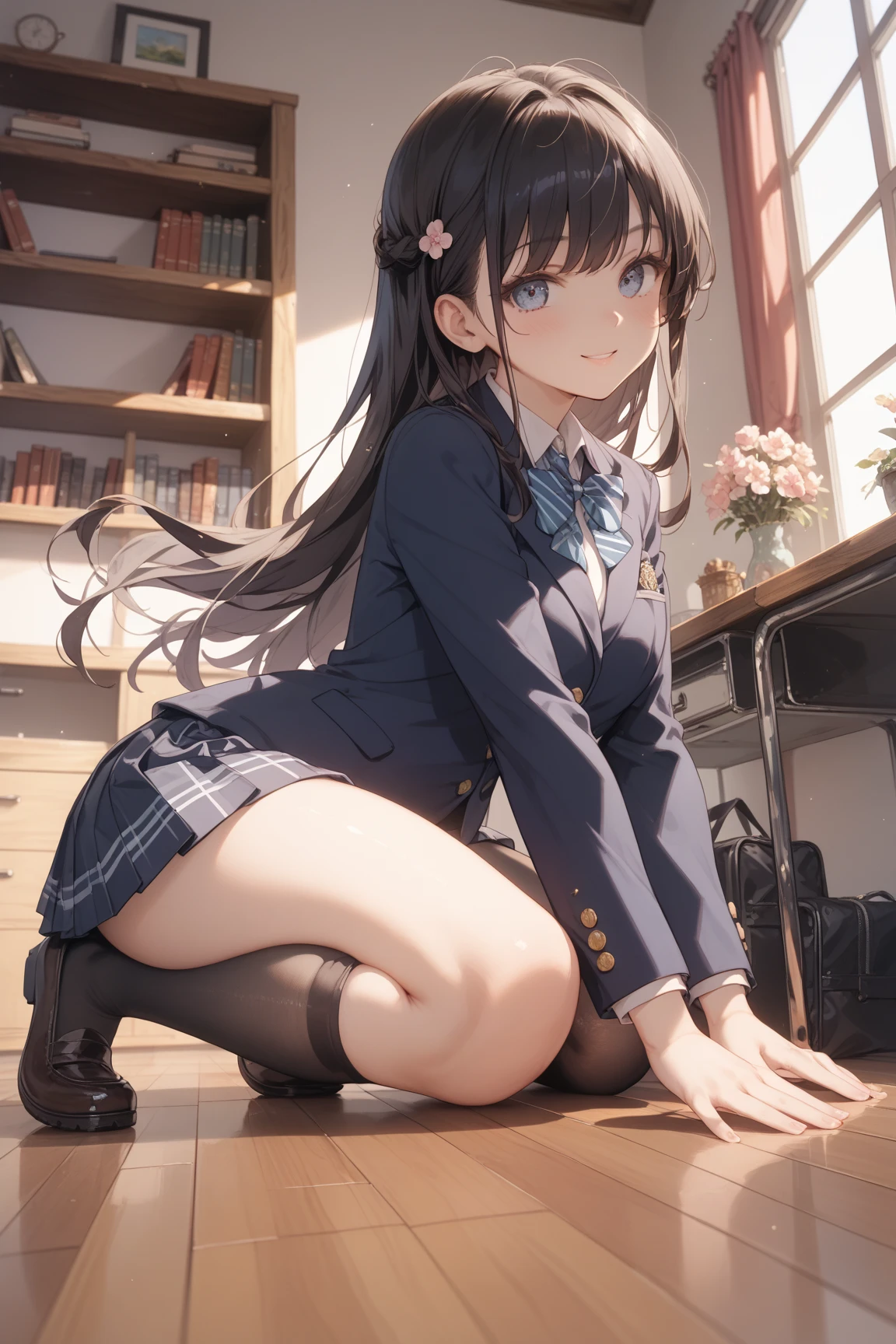 finest, masterpiece, High resolution, (Full body view from head to toe), front, frontやや下からの構図, symmetry, 18 year old tall girl, alone, (whole body from head to toe), (small breasts), Unkempt brown hair, bangs, (black tights), (black pantyhose), (sit with legs spread), (squatting pose), (Composition showing white panties), (her legs spread、I can see white panties.), (I was made to sit on the floor with my legs spread apart.), (M-shaped spread legs), thin legs, A very beautiful and tall 18 year old girl, (not wearing shoes), blush, shy big eyes, looking at camera, blazer uniform, plaid pleated skirt
