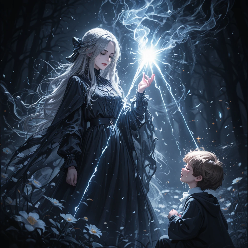 Masterpiece, best quality, MTSpider V4, (((1 young innocent boy)), HDR, very detailed eyes and face, goth, solo, white skin, long hair, beads, japanese clothes, white kimono, silk, stone, forest, northern lights, spider silk, (glowing metal objects hovering in the air and encircling him: 1.2), (arcs and sparks: 1.2), (energy flow: 1.2), (translucent magnetic field lines: 1.2), (gold, silver gray and shimmering light effects: 1.2), horror art, fear, unified 8k wallpapers, ultra-detailed, beautiful and aesthetic, masterpiece, the best quality, deep and rich black shadows, mother earth, smiles, enchanting whimsical fantasy forest background, happiness, enchanting atmosphere, very detailed, dynamic angles, cowboyshot, most beautiful chaotic forms, elegance, fauvist design, bright colors, romanticism, by James Jean, Robbie Devi Antonio, Ross Tran, Francis Bacon, Michal Mlaz, Adrian Ganey, Petra Corright, Gerhard Richter, Takashi Yamamoto, Ashley Wood, Atmospheric