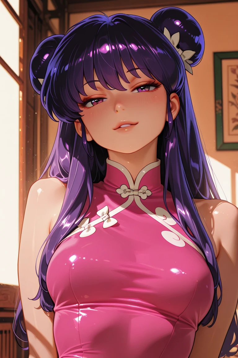 shanpuuranma, large_breasts, standing, solo, China_Dress_Golden_SMPOVA, masterpiece, best quality, detailed face, detailed eyes, highres,blush,nipples,(upper body)