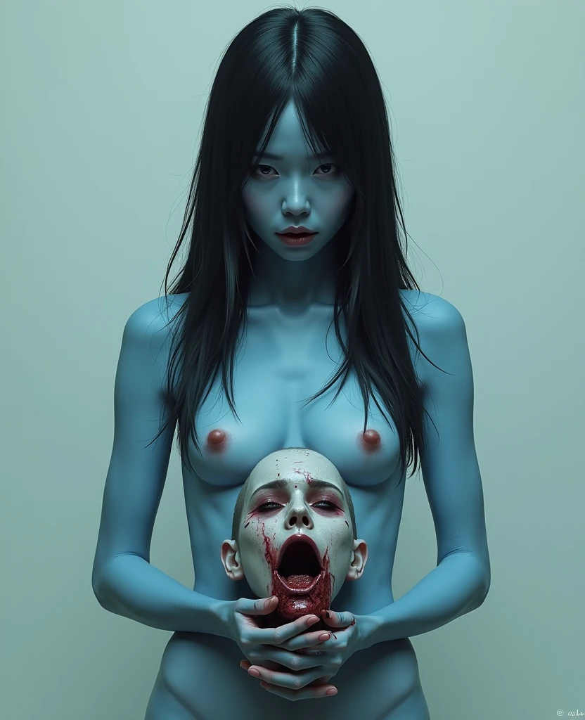 (score_9,score_8_up,score_7_up,), a scary and sexy silicone doll woman, white skin, living doll, tall slender body, long legs, naked, black eyes, black pussy, black hair with bangs and pigtails, naked, black highheels, seductive smiling, squatting, POV cowgirl sex, (in a toystore:1.1), rows of dolls on shelves in background, digital art, cum inflation
