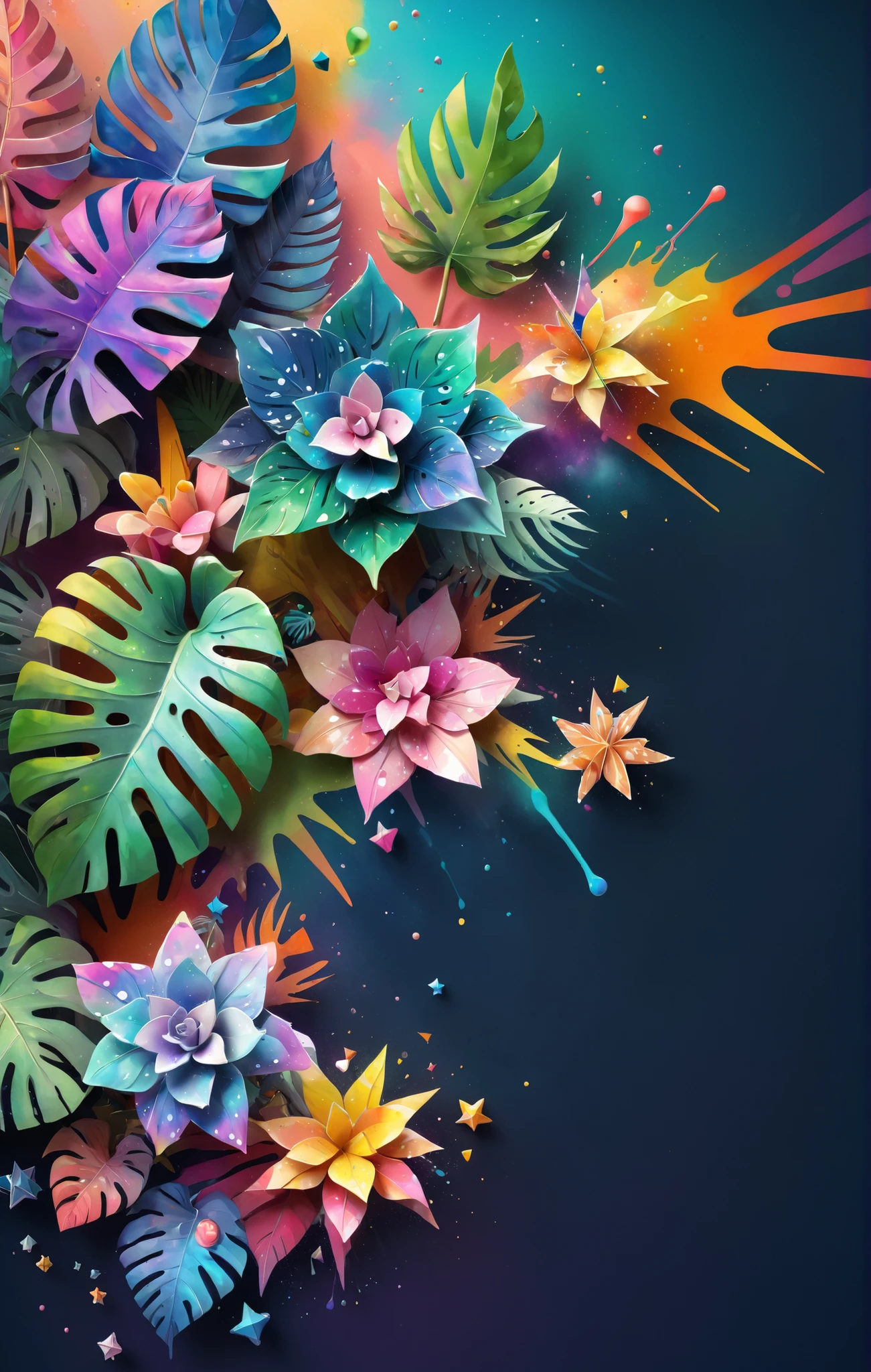3d isometric, blender render, soft colorful-hued colors, YJ, flower, rainbow-hued nebulae made of watercolor splashes, monstera leaves, geometric stars, colorful triangles of paint splashes, paint swirls, paint drips, paint splashes Two tone lighting, abstract geometric gradients, geometric shapes, simple background