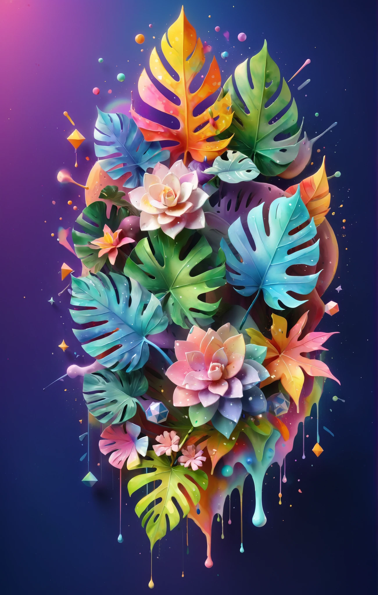 3d isometric, blender render, soft colorful-hued colors, YJ, flower, rainbow-hued nebulae made of watercolor splashes, monstera leaves, geometric stars, colorful triangles of paint splashes, paint swirls, paint drips, paint splashes Two tone lighting, abstract geometric gradients, geometric shapes, simple background