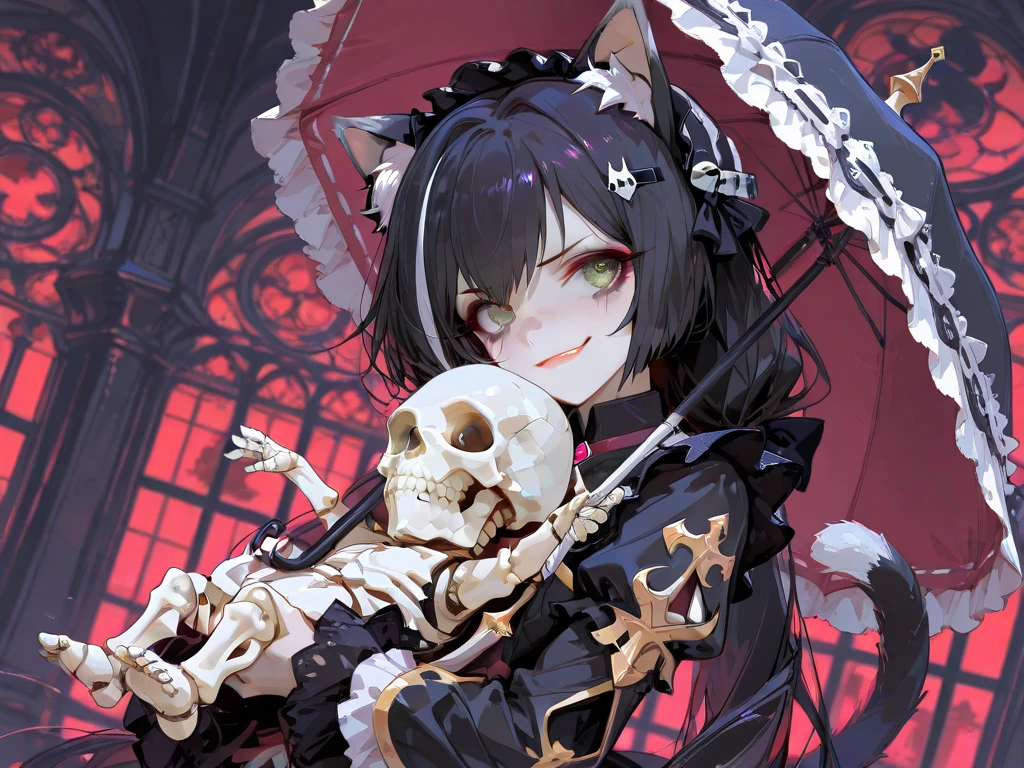 ((1Girl Hug 1catzombie , Bones, Cute, Skeleton, Fur, Cute. ))masterpiece, best quality, DanielaV4, 1girl, 3d render, brown hair, smile, teeth, yellow eyes, looking at viewer, dress, black dress, gloves, cleavage, jewelry, hood, necklace, blood, makeup