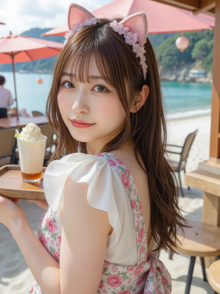 ((highest quality, 8K, masterpiece)), Super detailed,Cute female fashion image generation,bright smile,long hair,Brown,colorful summer dress,big flower hairpin,winking,bright coast background
