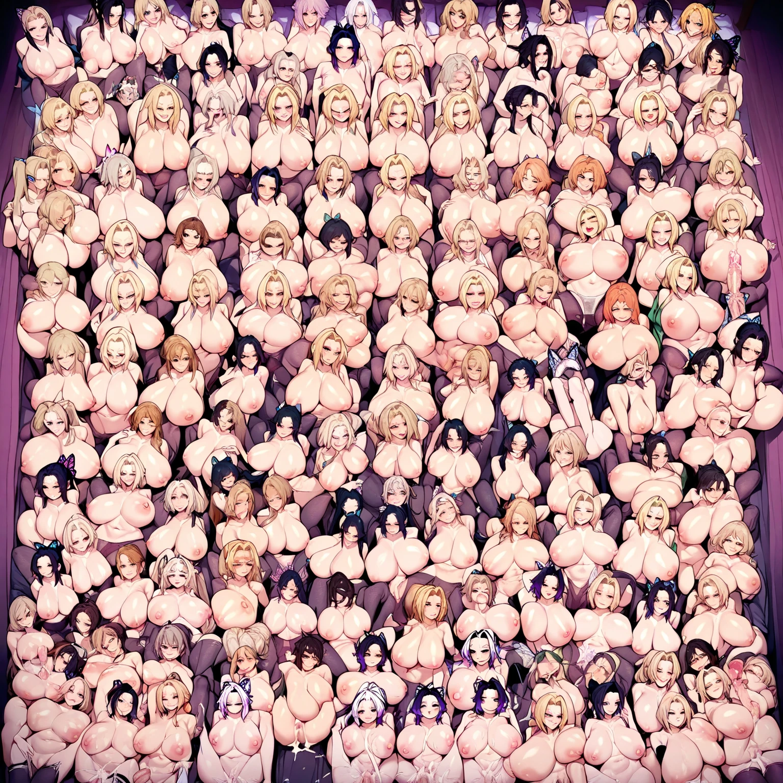 nsfw,lineup,Multiple girls,nude,(toes),frontview,crotch,straight-on,middle shot,bare shoulder,bare breasts,bare arms,barebreasts,big nipples,Transparent Pasties,stomach,bare legs,sidelocks,purpleeyes,masterpiece,best quality,very aesthetic,absurdres,shiny,light,bigbreast,Covered nipples,cowboy shot,circle