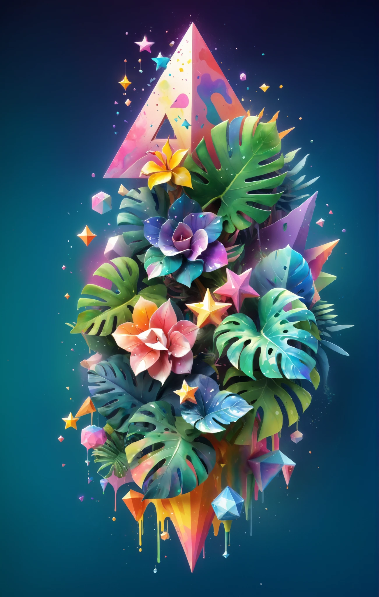 3d isometric, blender render, soft colorful-hued colors, YJ, flower, rainbow-hued nebulae made of watercolor splashes, monstera leaves, geometric stars, colorful triangles of paint splashes, paint swirls, paint drips, paint splashes Two tone lighting, abstract geometric gradients, geometric shapes, simple background