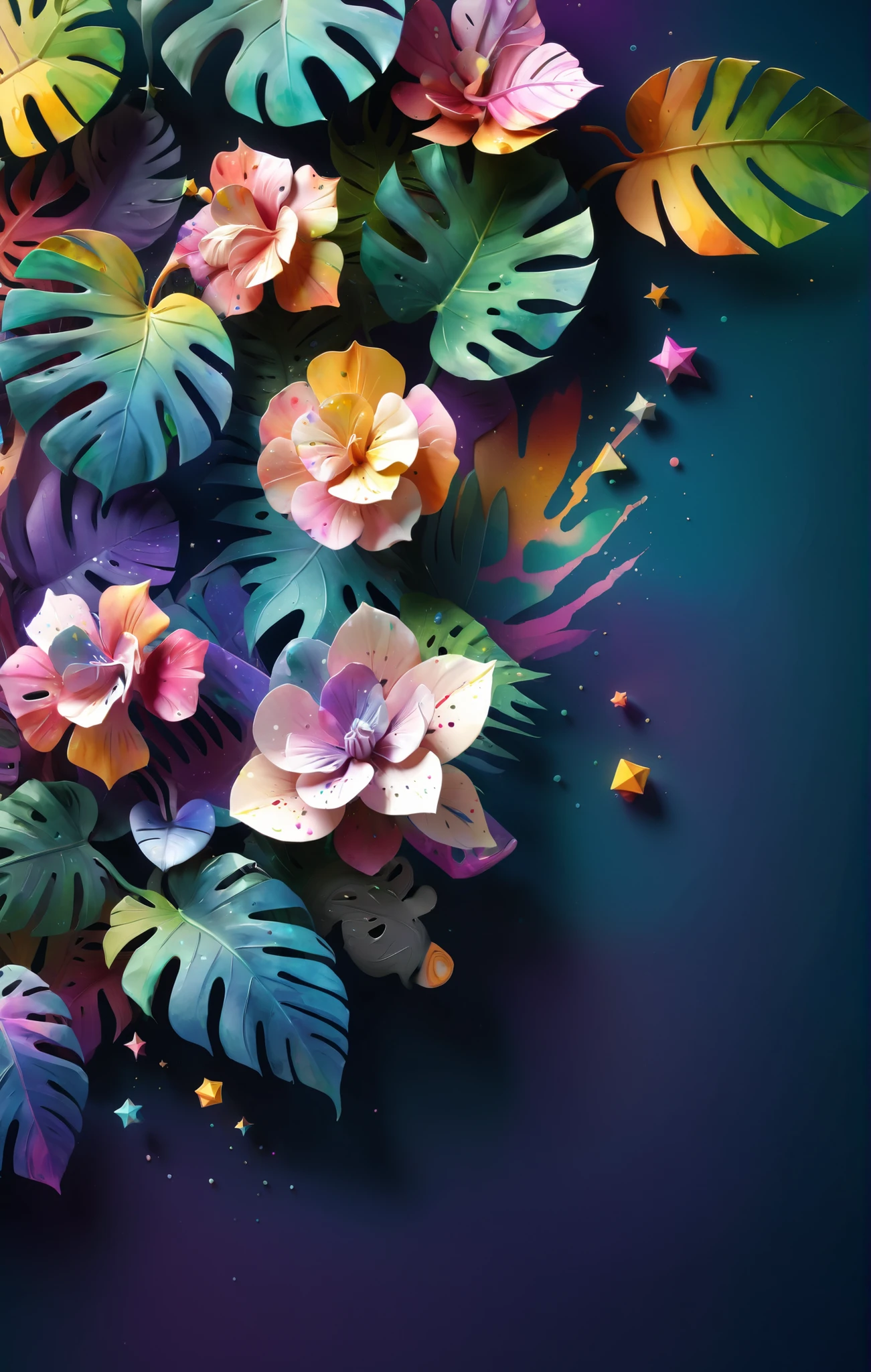 3d isometric, blender render, soft colorful-hued colors, YJ, flower, rainbow-hued nebulae made of watercolor splashes, monstera leaves, geometric stars, colorful triangles of paint splashes, paint swirls, paint drips, paint splashes Two tone lighting, abstract geometric gradients, geometric shapes, simple background