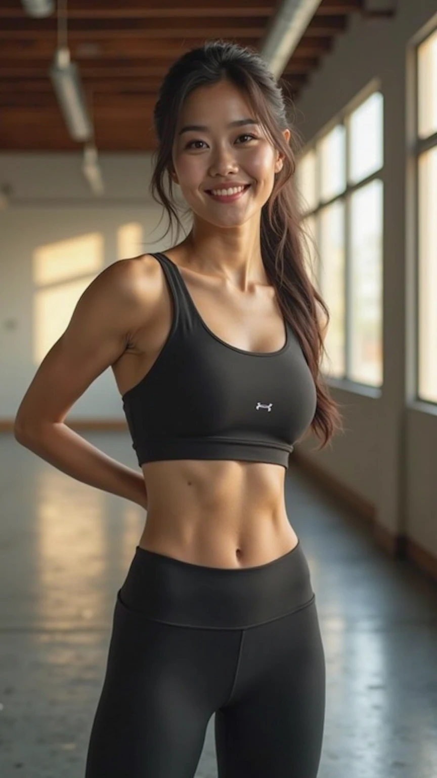 a woman with tattoo, (([red|black] hair)), sfw, best quality, ultra high res, ultral detailed face and eyes, (photorealistic:1.4), 1girl, 18 years old girl, ((gym background)), (practice yoga:1.4), sports uniform,from front,(black:white:green yoga pants as lululemon:1.2), (light grey:black hair:1.4), looking at viewer, smiling, cute, small ass,(long legs),small breasts, narrow waist,  ((top quality, 8k, masterpiece: 1.3)), 1 girl, (8k, RAW photo, best quality, masterpiece:1.2), (realistic, photo-realistic:1.37),