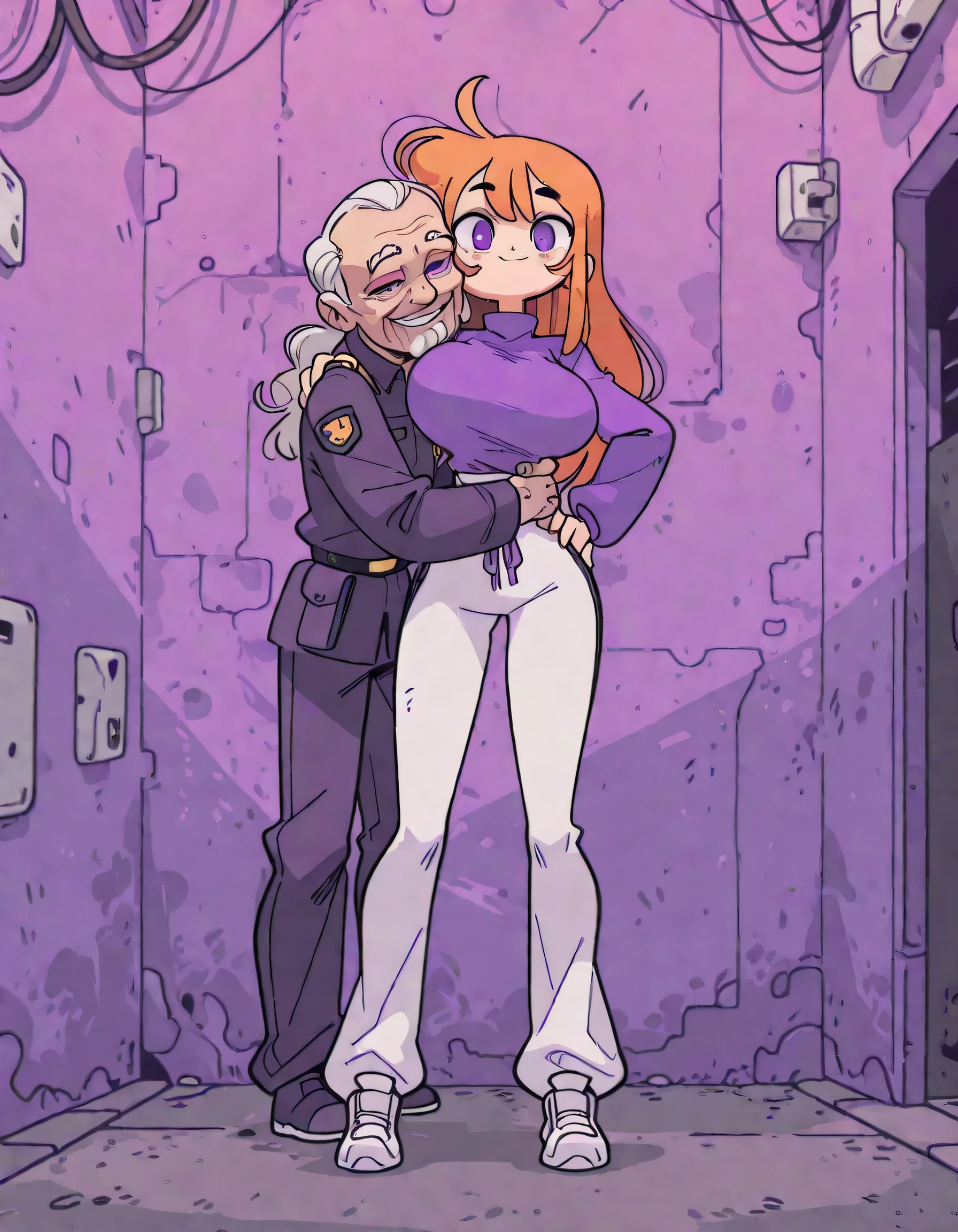 high quality, best quality, score_9, ishikawa_hideki, bacun , 1girl , solo , long hair , side apart (left) , orange hair , smile , purple eyes, purple turtleneck long-sleeve shirt , white long pants (loosely pants) , huge breast , hand on hip , thighs , looking at viewer , long legs , white sneakers , casual stance , 1 man , old man , security guards uniform , hug , grabbing her waist , face to face , alley background , full body