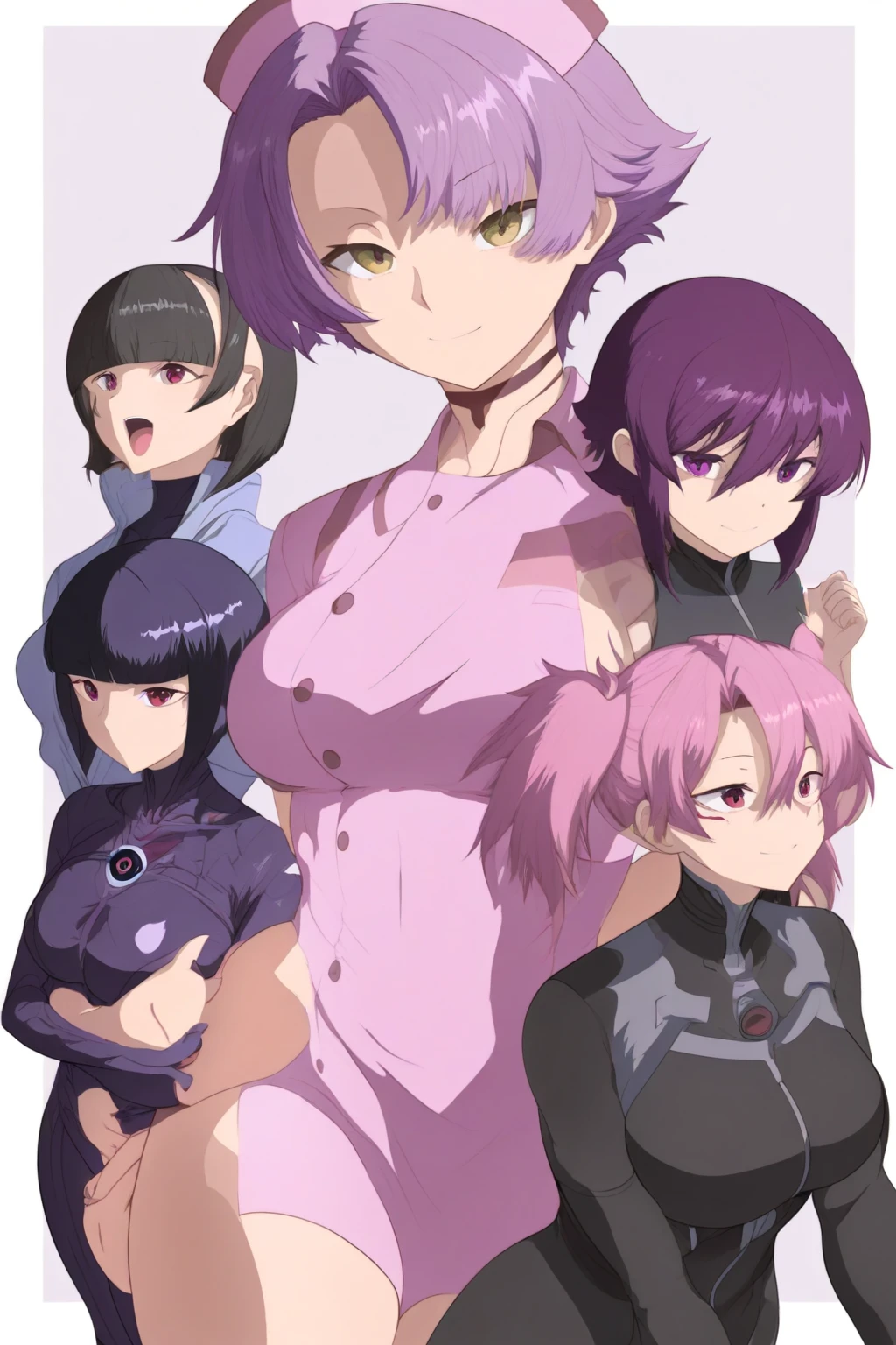 3 people lined up、Character portrait、front、Black Skin、Ultra-detailed illustrations、Ultra-precise expression、masterpiece、Highest quality、ultra High resolution、High resolution、Hiromitsu Takeda Style、White background、Simple Background、Dark skinned man、One girl、whole body、bald、(Mash Kyrielight)、light purple hair,short hair,hair over one eyes、Completely naked)、White Breath、Sweat、Glowing Skin、shiny skin、smile、pubic hair、stand、Erect nipples、Big nipples、Big penis、Choker of Hearts、barefoot、