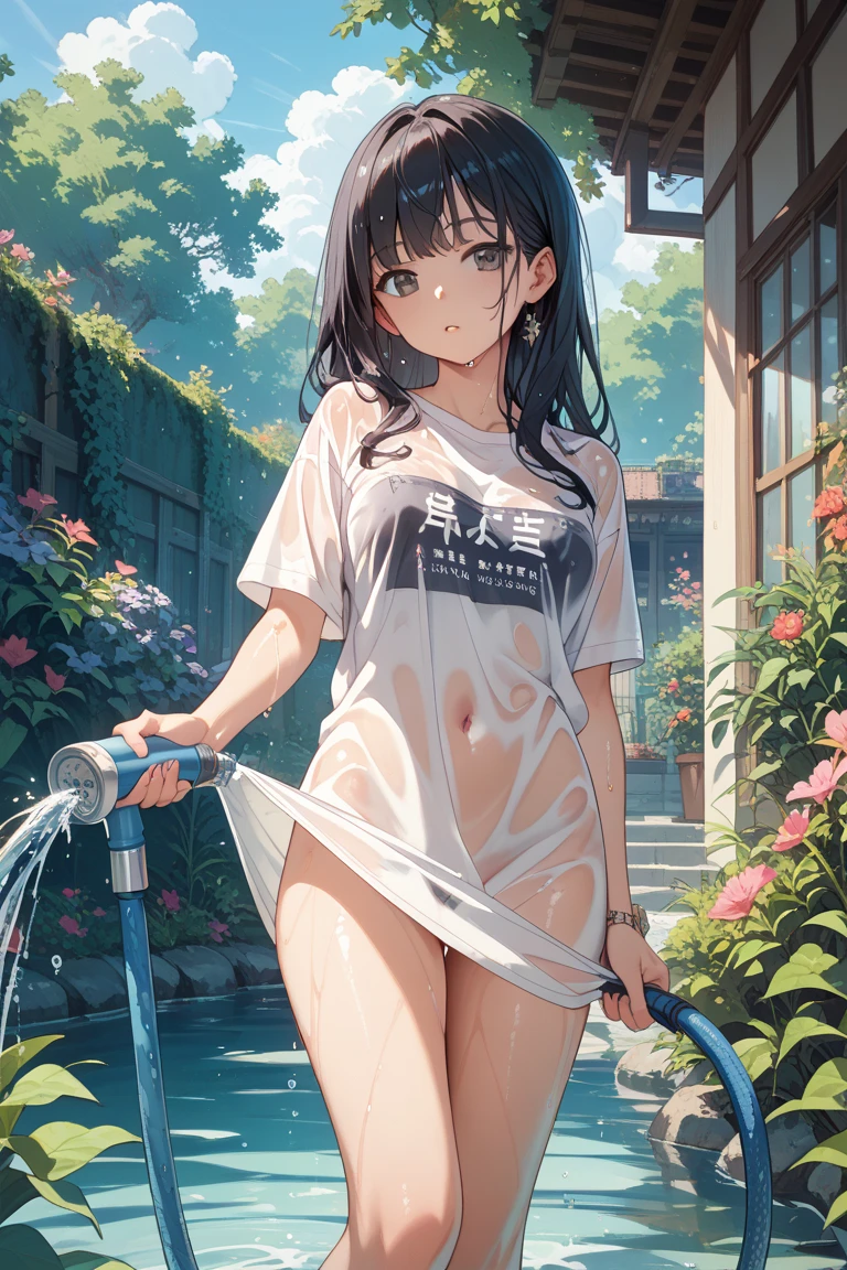 white t-shirt ?????, wet, sheer, cute, embarrassed, thighs,, outdoor