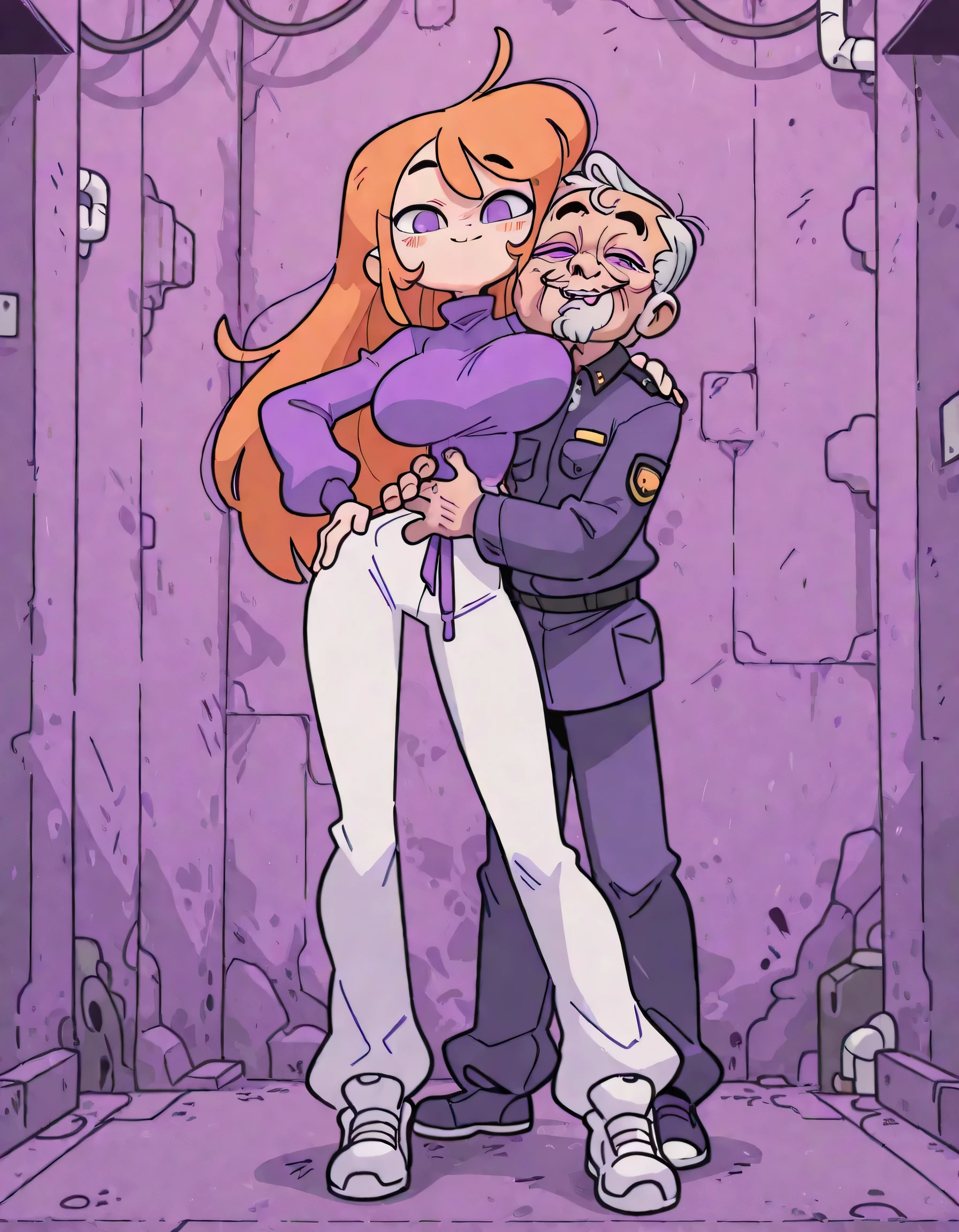 high quality, best quality, score_9, ishikawa_hideki, bacun , 1girl , solo , long hair , side apart (left) , orange hair , smile , purple eyes, purple turtleneck long-sleeve shirt , white long pants (loosely pants) , huge breast , hand on hip , thighs , looking at viewer , long legs , white sneakers , casual stance , 1 man , old man , security guards uniform , hug , grabbing her waist , face to face , alley background , full body , isometric angle