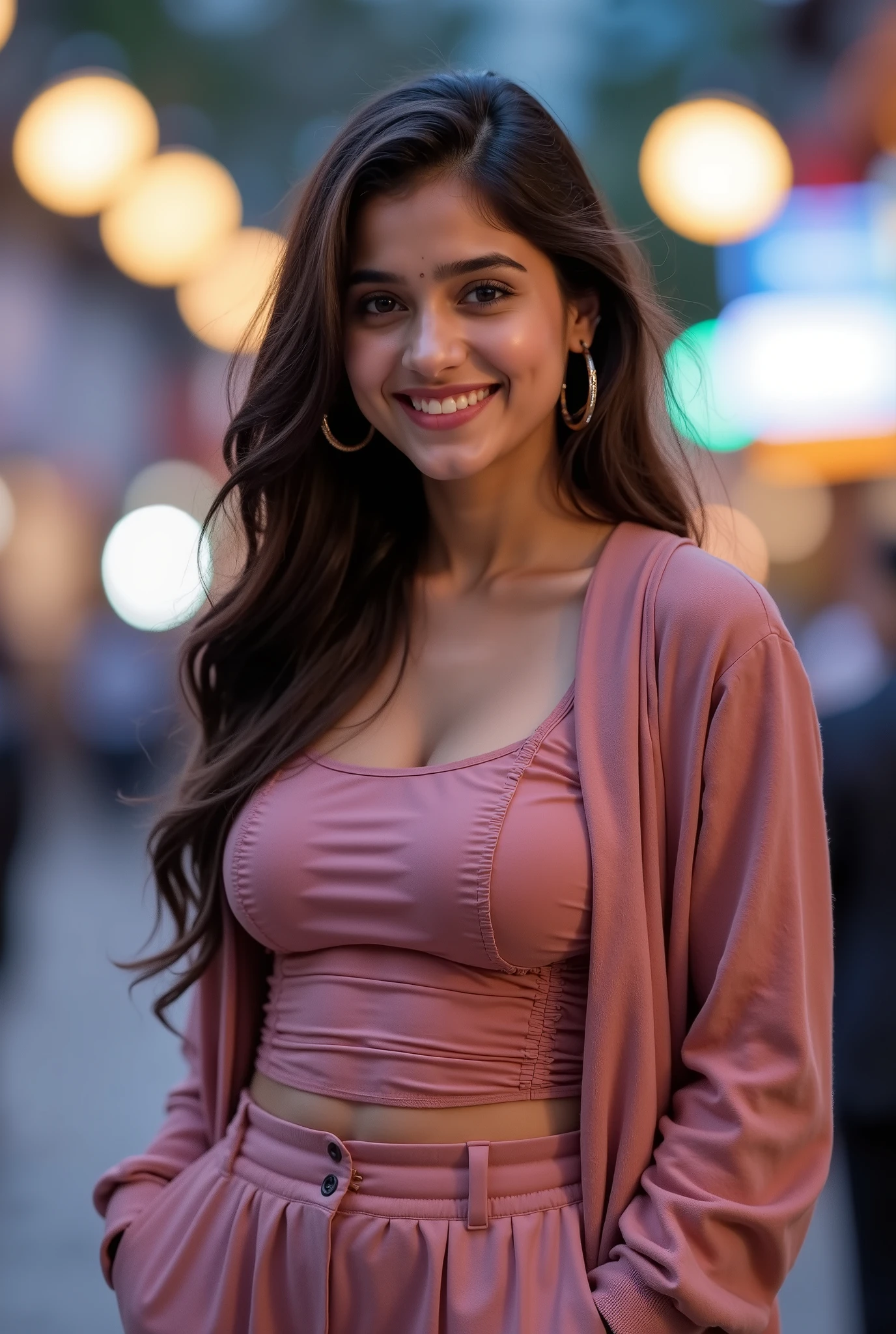 anaswarasdxl, cuteloli, Full image of a girl standing with hands in pocket with city-lights in the background. She has smiling look, Indian skin tone, light grey eyes, fox eyelashes, black eye liner, silver eyeshadow, natural blush, and red lipstick. Her hairs are long, brown, wavy and stylish. She is wearing a Solid Ruched Tank Top, Shrug & Pants In dusty Pink and hoop earrings. Photorealistic, ultra realistic, detailed skin, soft lighting, ultra-detailed textures, 8K resolution, masterpiece.