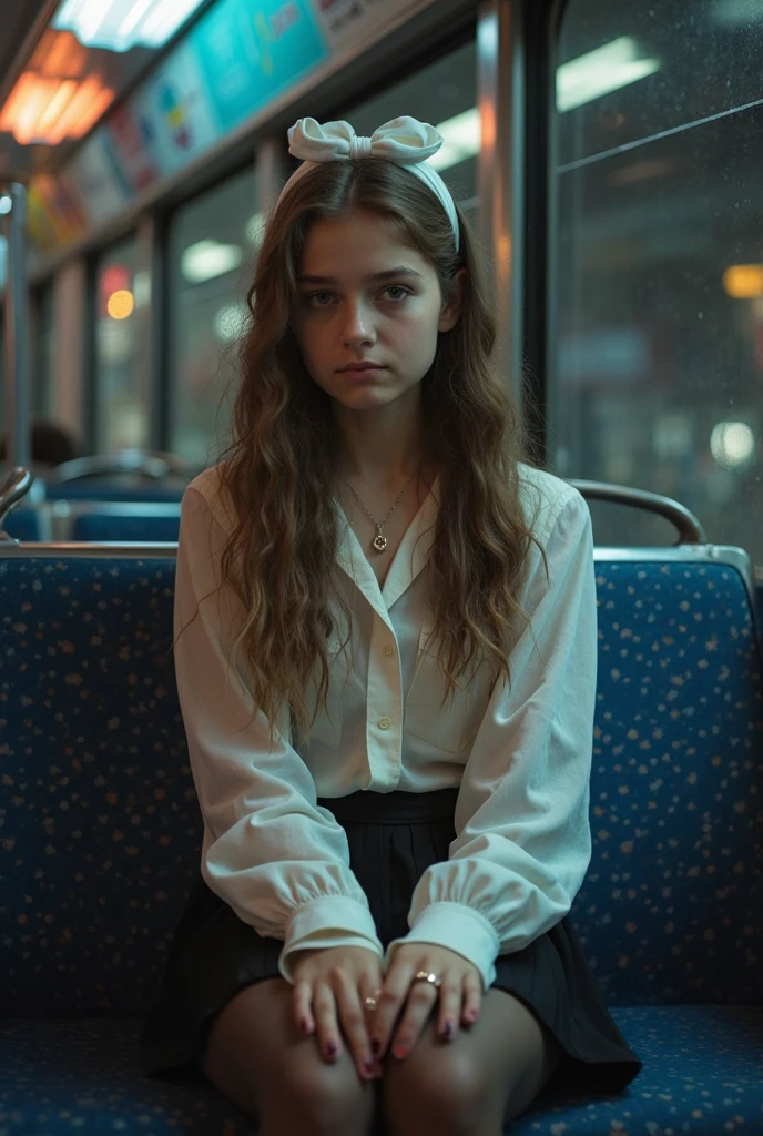 a beautiful 20 year old girl with curly red hair, fair skin, brown eyes, wearing a long skirt and shirt, sitting inside a metro train, wearing nerdy glasses, looking at the viewer, hyper detailed, cinematic lighting, 8k, photorealistic, intricate details, high quality, masterpiece
