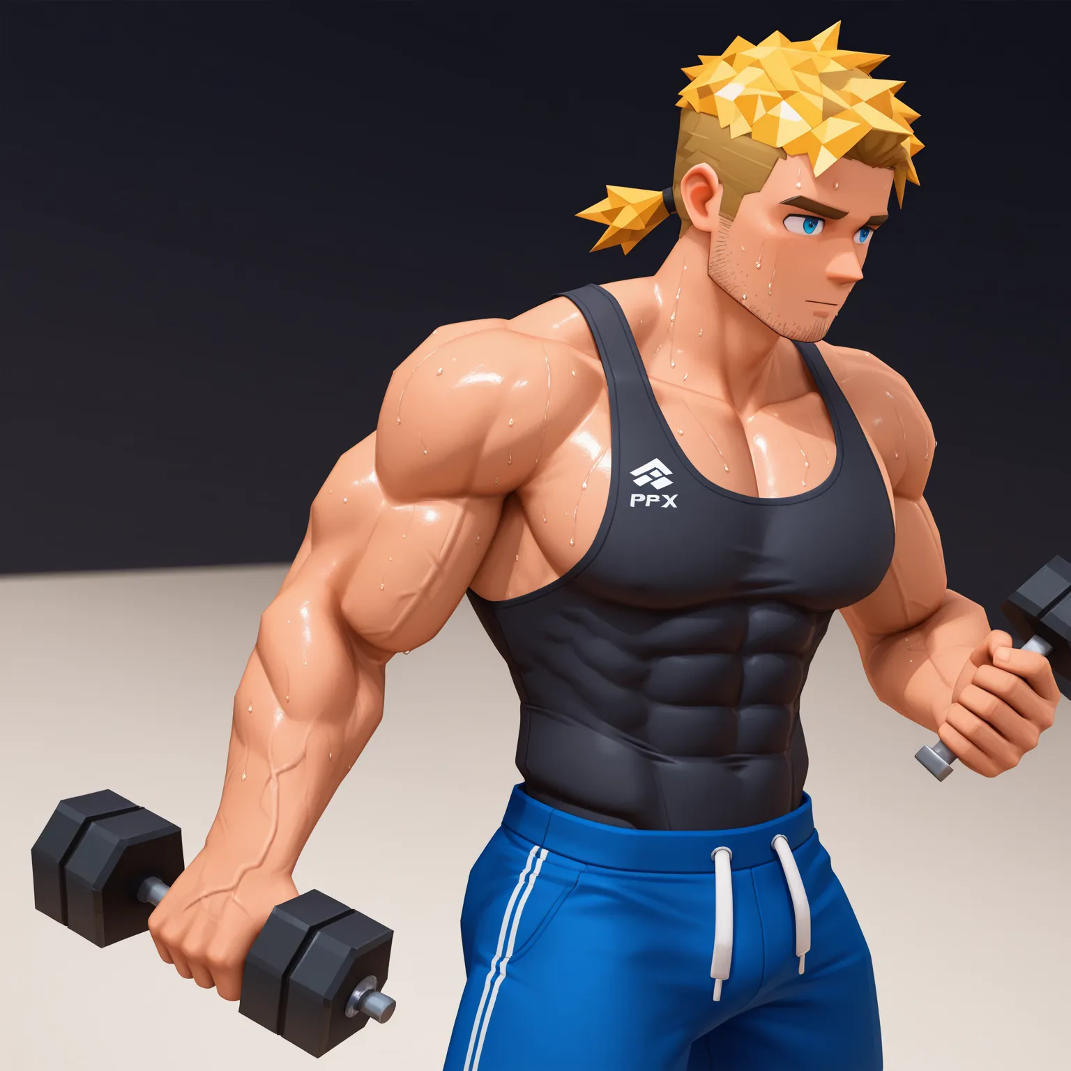 Goku, as a Super Saiyan, lifting weights at the gym. Dragon ball style