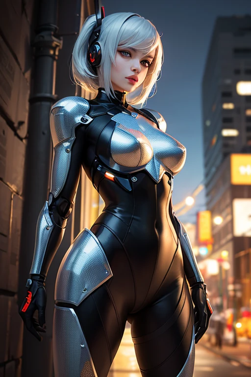 ((Film Grain, Bokeh, Particles of light ,Dust particles, Extreme camera angles.)), Dynamic pose, Full body photo of a young and attractive broken cyborg woman, Raise your eyebrows, night, Street lamp, Grey Hair