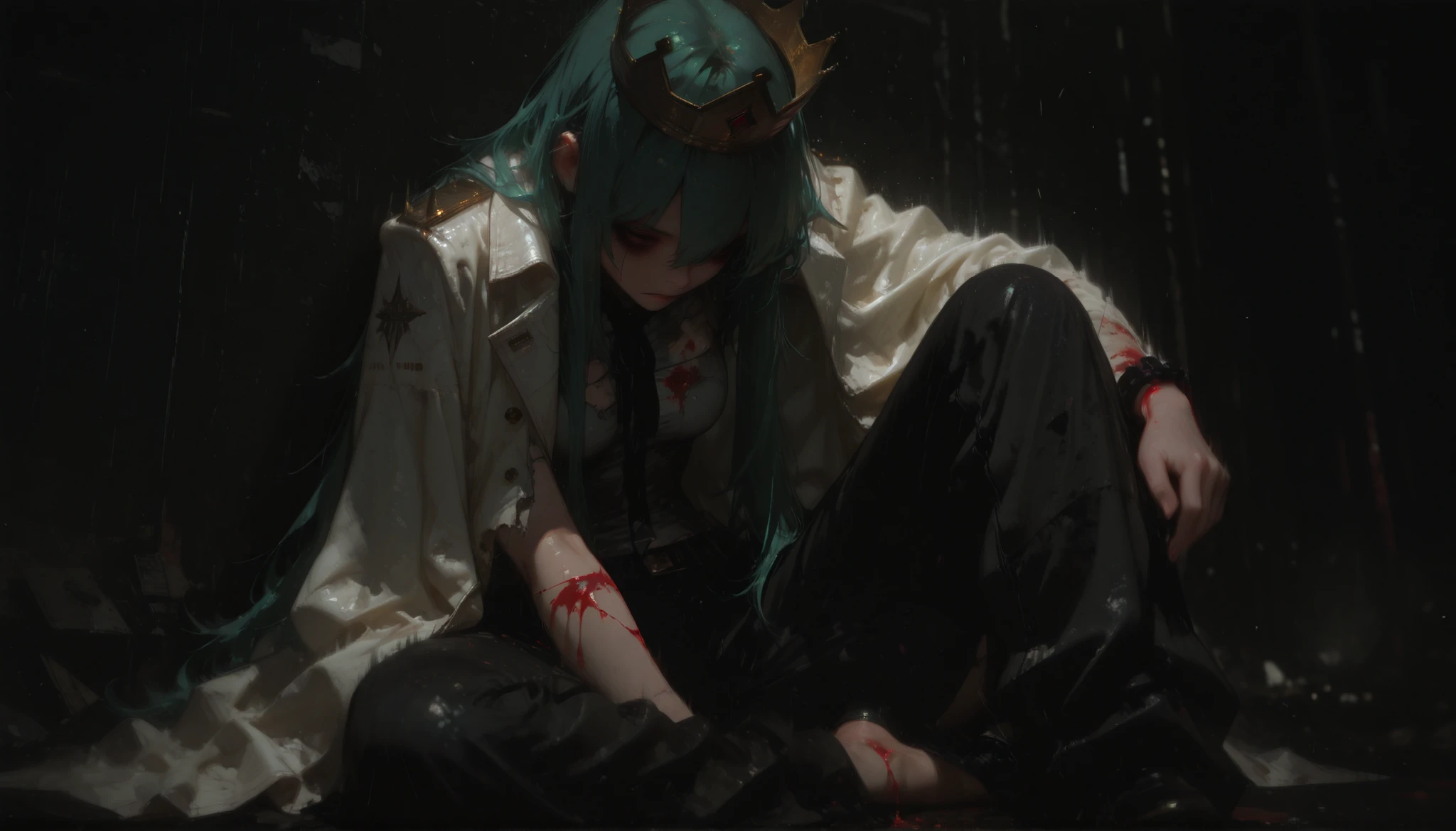 1girl,miku hatsune, wearing white king coat,torn top, wearing torn carbo pant, long hair, tired eyes, beautiful face, expressionless, down to up view perspective view,sitting king sit,MEDIUM BREASTS,crown on head,bleeding,blood on body, king pose, foot to up view,cinematic lighting, halftone, motion lines, image fill, glowing light, motion blur, depth of field, UHD, super detail, high details, best quality, 4K,dark backgroumd