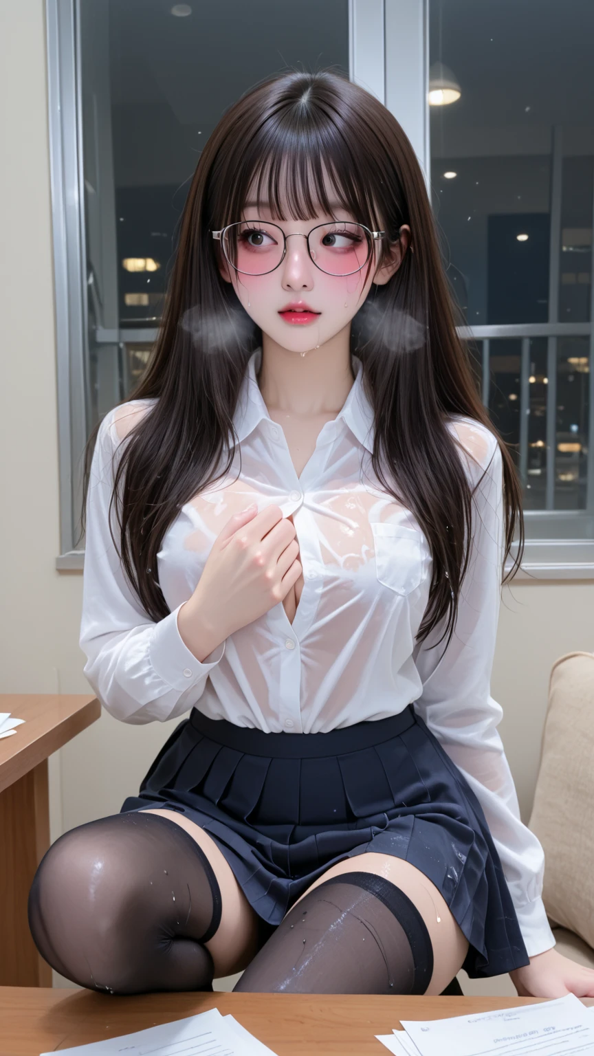 Korean，Sitting on the train，（（（tmasterpiece）））， （（best qualtiy））， （（intricate detailes））， （（Ultra-realistic realism））， Ridiculous resolution， A MILF， Mature Woman， ighly detailed， illustratio， 1girll，（（Large breasts））， perfect hand， Detailed finger， Beautiful detailed eyes， Lowered twin tails， colored inner hair， very long black hair, very bright pink hair， with brown eye， Name badge， （ Korean style long sleeve dark pink ruffled lace up pleated skirt， Black knee-high socks:2.2），detailedbackground， perfect  eyes， mesmerizing eyes，Slightly open mouth, ((Colossal breasts 1 girl that seems to break:1.2))