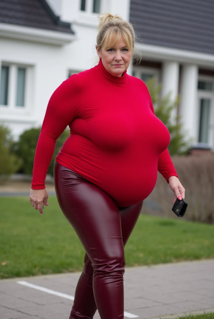 Mature 70 + aged overweight women wearing-fitting turtleneck bodycon dress. Her big breasts showing their big size she is wearing white glasses long earnings with lipstick 
