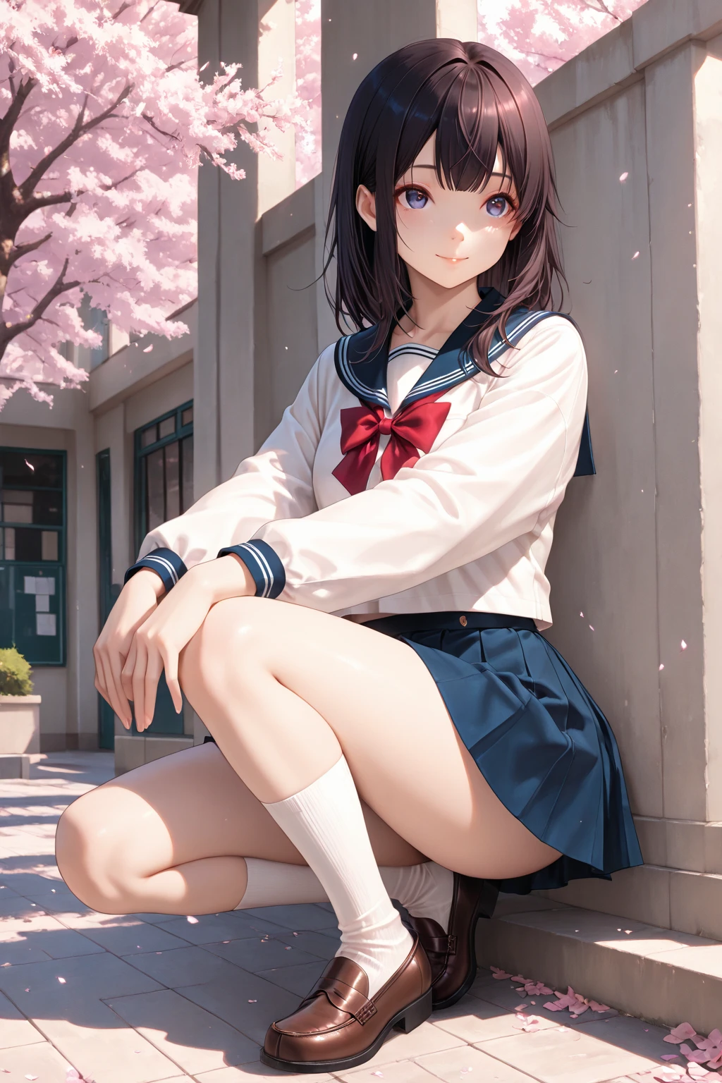 1 girl, Redhead, Updo, Facial hair stripes, Red eyes, mascara, skirt, Sagging under the eyes, Sitting, Ground angle shot, Viewers looking up, Tights legs, Impact, 8k, masterpiece,Thighs,color、Sailor suit、uniform、skirtを捲り上げる、