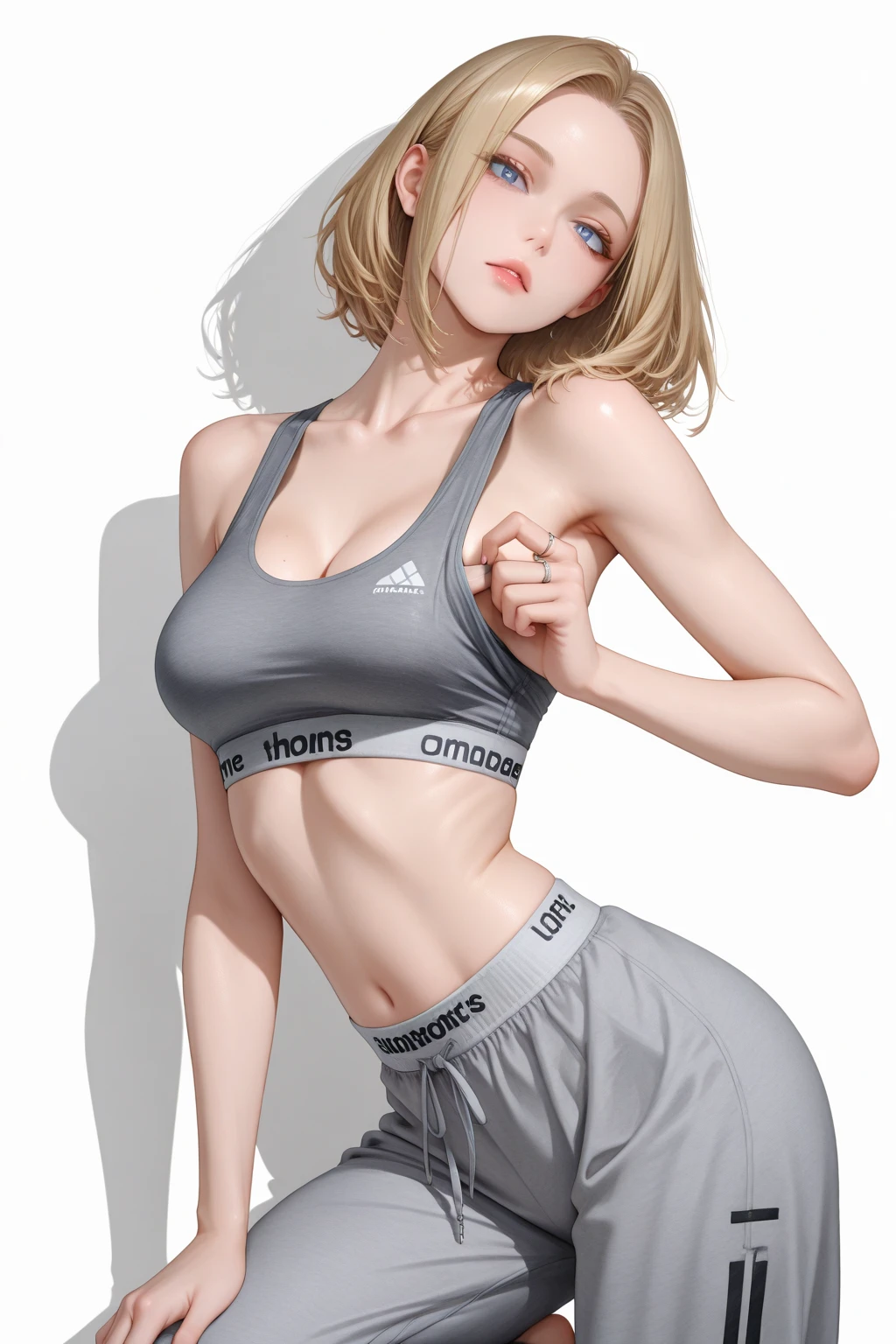  Realism, (realistic), (photorealistic), (highest resolution), (the most absurd quality), (ultra realistic face:1.2), (1girl:1.3, 20-year-old), ((full body:1.4)), (face looking at viewer:1.5), (Anatomically correct), ((perfect hands:1.2)), ((short blonde hair, (wavy, combed up, behind the ear), extremely detailed:1.35)), (([tight sleeveless sports tank top|running shorts]:1.4, [blue|pink]:1.5)), ((perfect female body:1.4)), ((Beautiful girl with long legs and good style:1.4)), (super details skin), (soft mate fabric:1.3), (the most absurd quality perfect eyes:1.25), ((super beautiful cute realistic sharp-face)), (light pale complexion), ((clear no blur and sharp perfect round realistic brown_eyes:1.2), extremely details:1.22), ((finely detailed pupils:1.2)), ((detailed symmetrical lips:1.3)), pink_lipstick, 