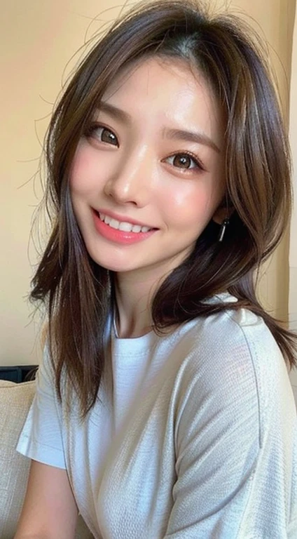 ((highest quality, 8k, masterpiece: 1.3)), 1 female, Japanese Mature,Sensual beauty: 1.3, (Hair style Brown hair Wavy hair, big: 1.2), Nightwear in muted colors: 1.1, Super slender face, Delicate eyes, Saggy eyes,double eyelid, A friendly smile,Dimples,Mole, Home,Plump body,very thick legs,Cowboy shot from above,