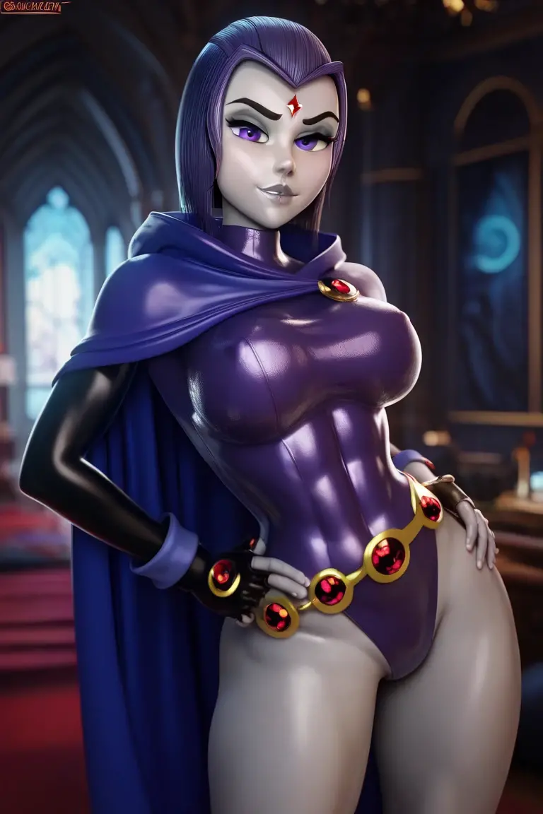 Raven, girl, Alone, short hair, purple eyes, fair skin, Athletic, RVN, 1 girl, Alone, lying on a luxurious bed, wet private parts, dreaming, touching herself between her legs, ??????, low-cut black leotard, cape, legs exposed, belt, hood, hotraven, sensual, glamorous,