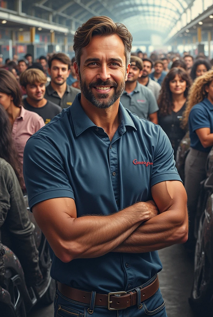 (Muscular:2), (thick thighs:1), (large muscular and shoulders:1.5), FEMALE, brown hair, long brown hair, (big smile:1.6), (wearing a tight blue short sleeve Polo shirt and skirt:1.5), looking at viewer, (three quarter view:1.2), upper body view, (school classroom:1.5), dark lighting, detailed skin, detailed eyes, (dark skin:1.3), (huge round muscles:1.6), (flexing pose:1.5),