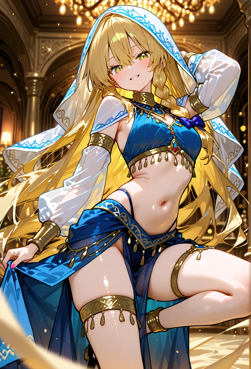 long hair,  medium breast, cleavage, navel, slim legs, morgan fate, blonde hair, gown, happy, skirt, standing, bedroom, arabian belly dancer